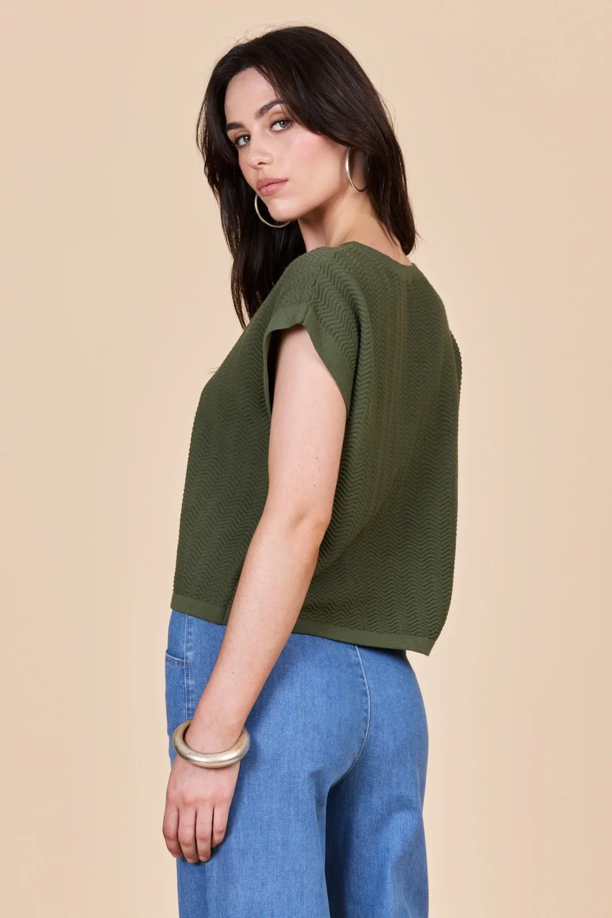 Olive Capped Sleeve Zig Zag Knit - Image 2