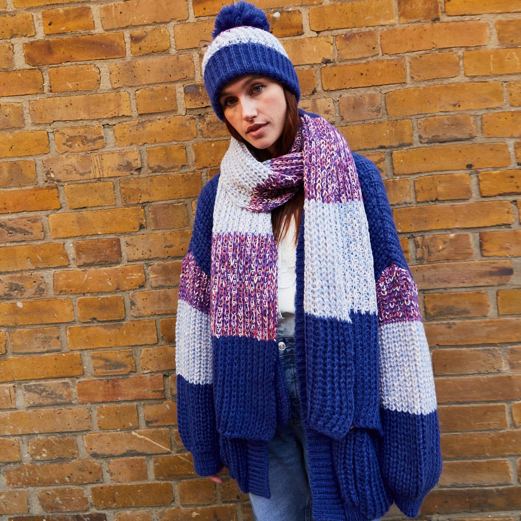 Phoebe Stripe Beanie Bobble Hat - Cobalt Blue - Image 3