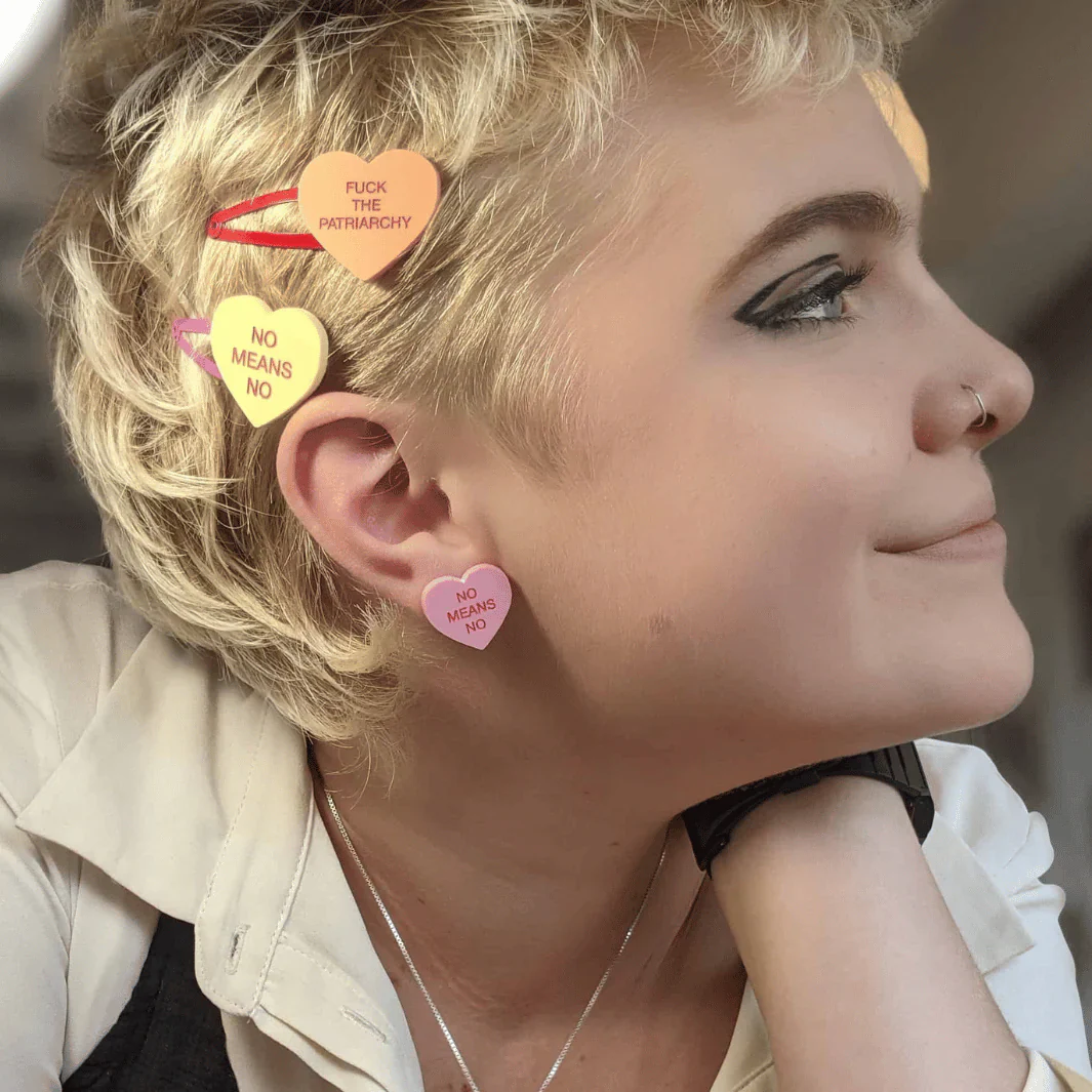 They / Them Pronoun 'Gentle Reminder' Candy Heart Hair Clips - Image 2
