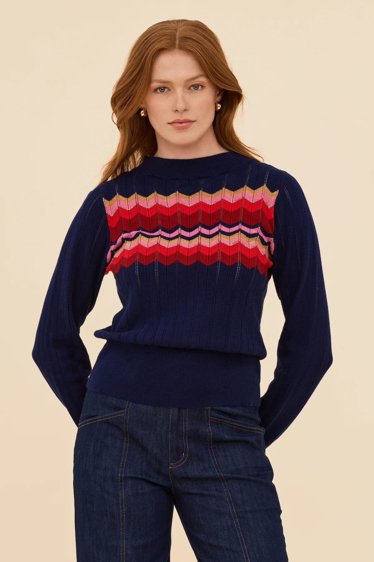 Zig Zag Cotton Cashmere Pointelle Knit Jumper - Navy - Image 4