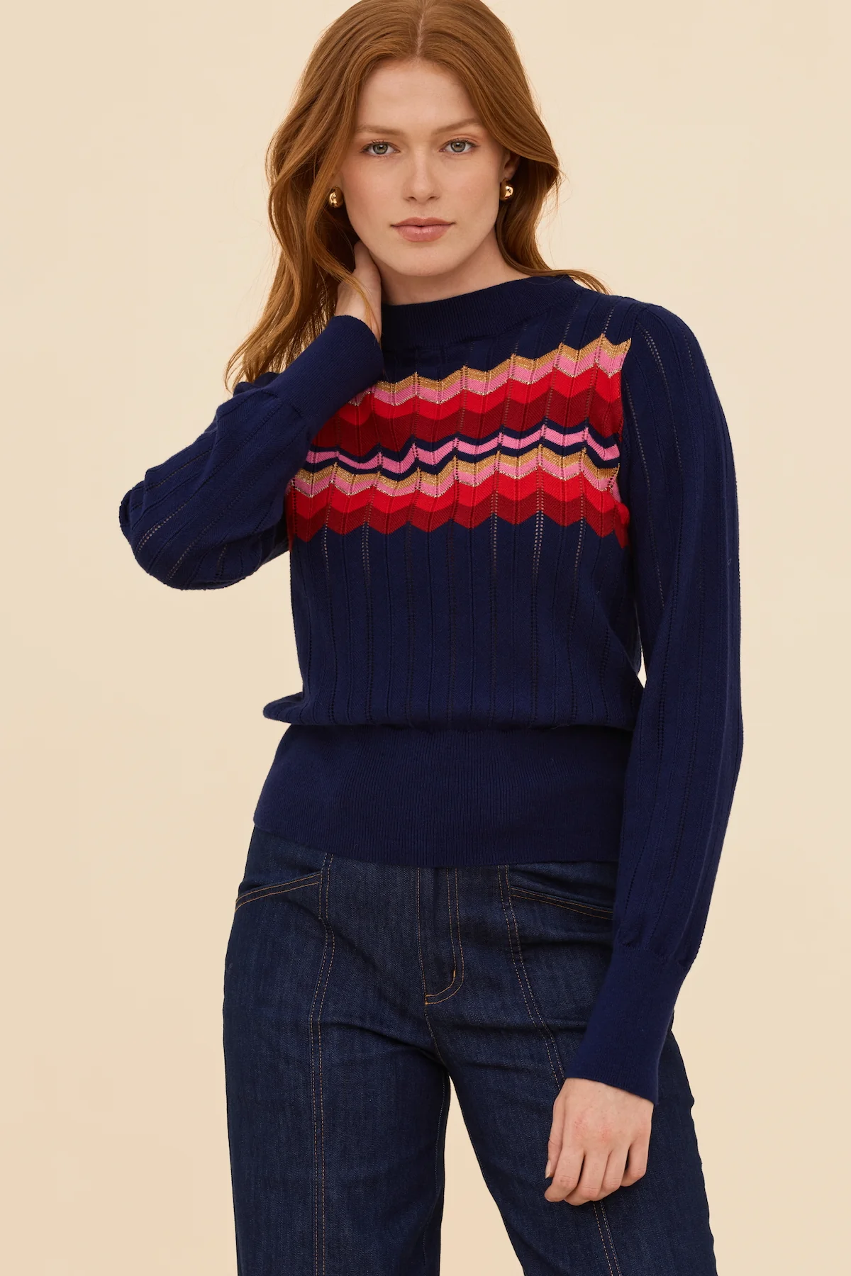 Zig Zag Cotton Cashmere Pointelle Knit Jumper - Navy - Image 5