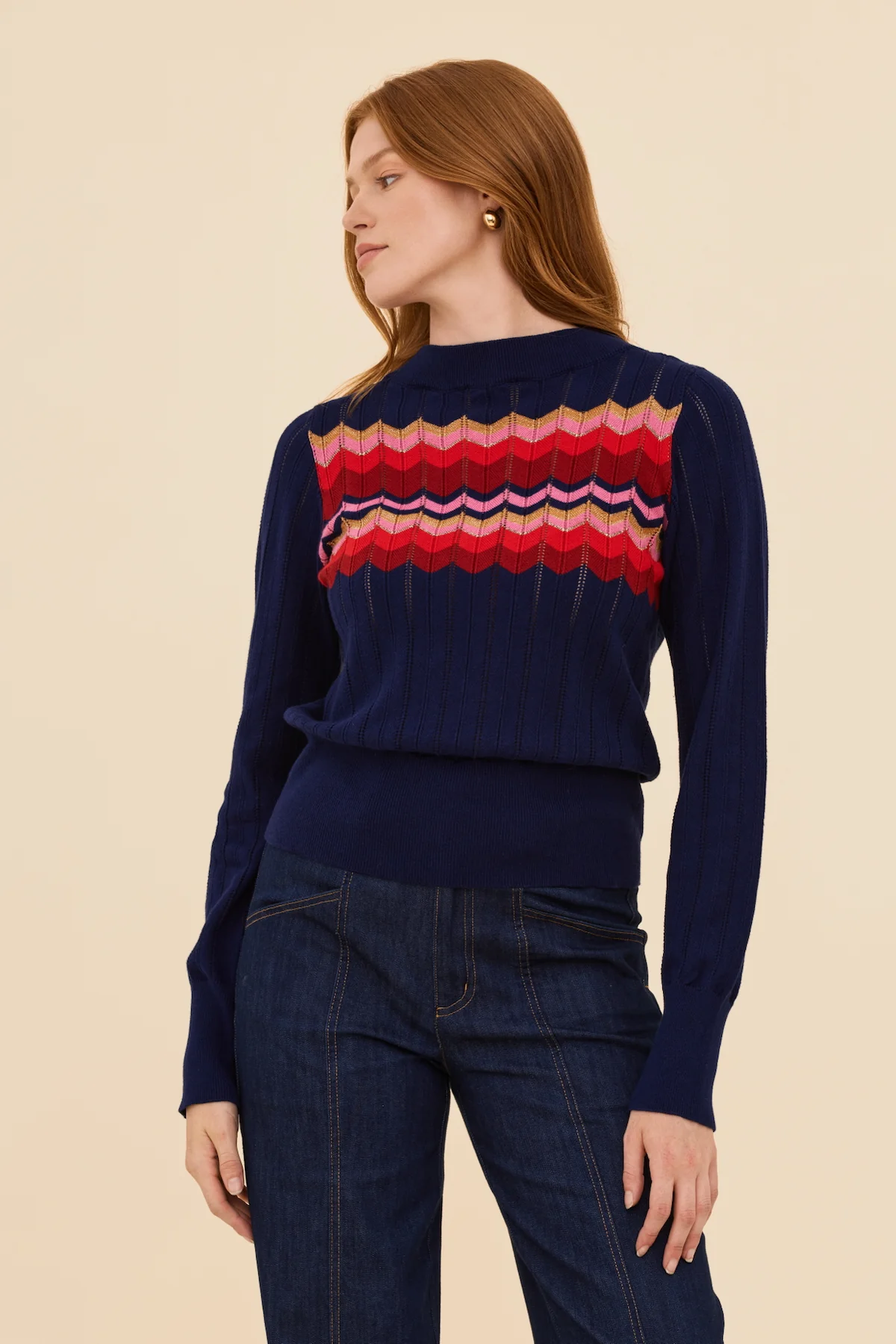 Zig Zag Cotton Cashmere Pointelle Knit Jumper - Navy - Image 6